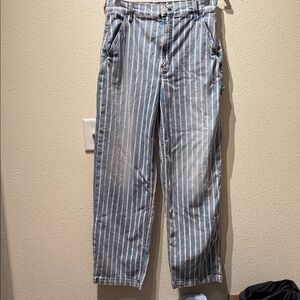 MOTHER Blue and White Striped Straight Leg Jeans the stud finder sneak.